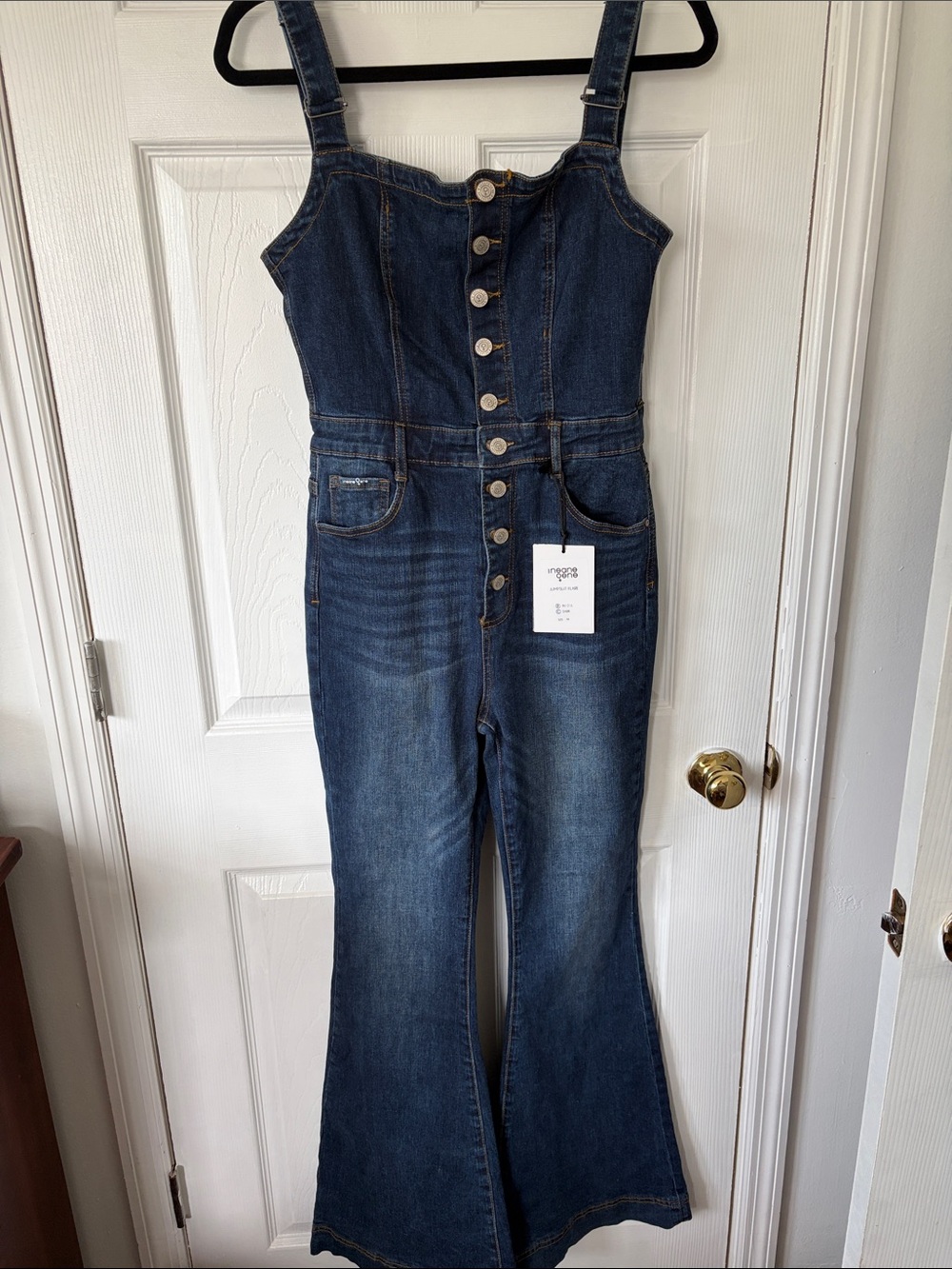 Button-Front Dark Blue Denim Flare Jumpsuit